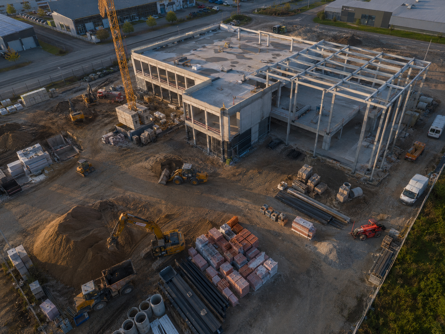 Drohnen-Übersichtsaufnahme einer Baustelle im Abendlicht. Im Zentrum der Rohbau eines Gewerbegebäudes mit sichtbarer Betonkonstruktion und einem angrenzenden Stahlrahmen-Hallenanbau. Im Vordergrund Baufahrzeuge (Radlader, Bagger), Materiallager mit Ziegelstapeln, Betonteilen und Rohren. Im Hintergrund weitere Industriebauten.