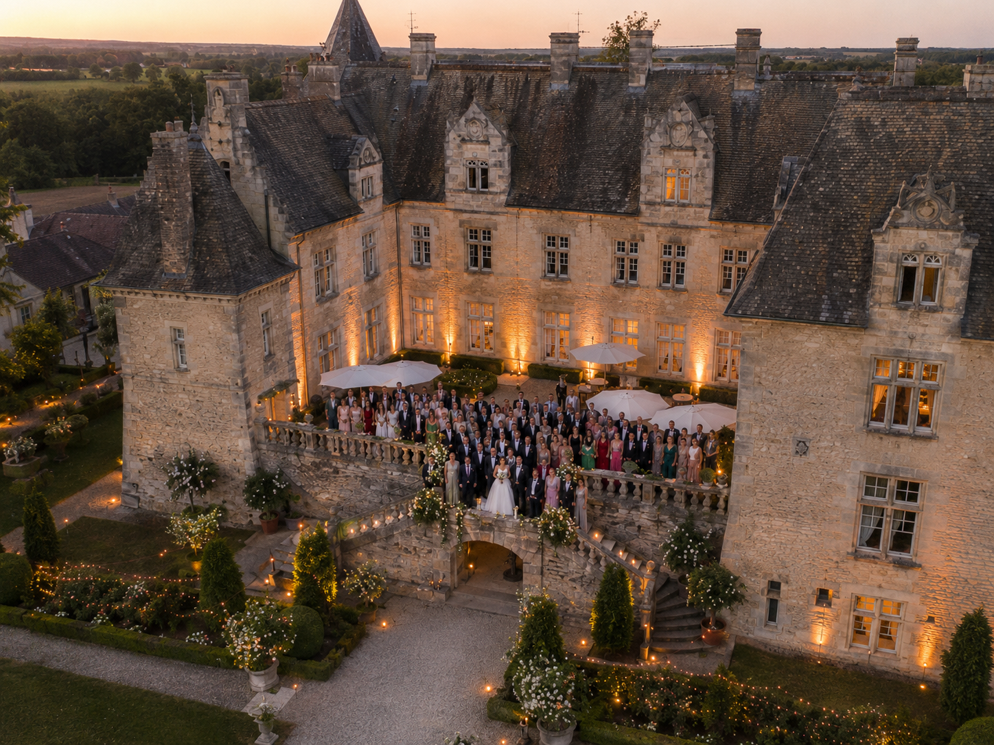 Drohnen-Aufnahme einer Hochzeitsgesellschaft auf der angestrahlten Freitreppe eines historischen Schlosses im Abendlicht. Auf den Stufen und der Balustrade haben sich rund hundert festlich gekleidete Gäste für ein Gruppenbild aufgereiht; Brautpaar in der Mitte unten. Schloss mit Sandsteinfassade, Schieferdach und Türmchen, eingerahmt von Lichtgirlanden und Blumenarrangements; im Hintergrund Landschaft im Sonnenuntergang.