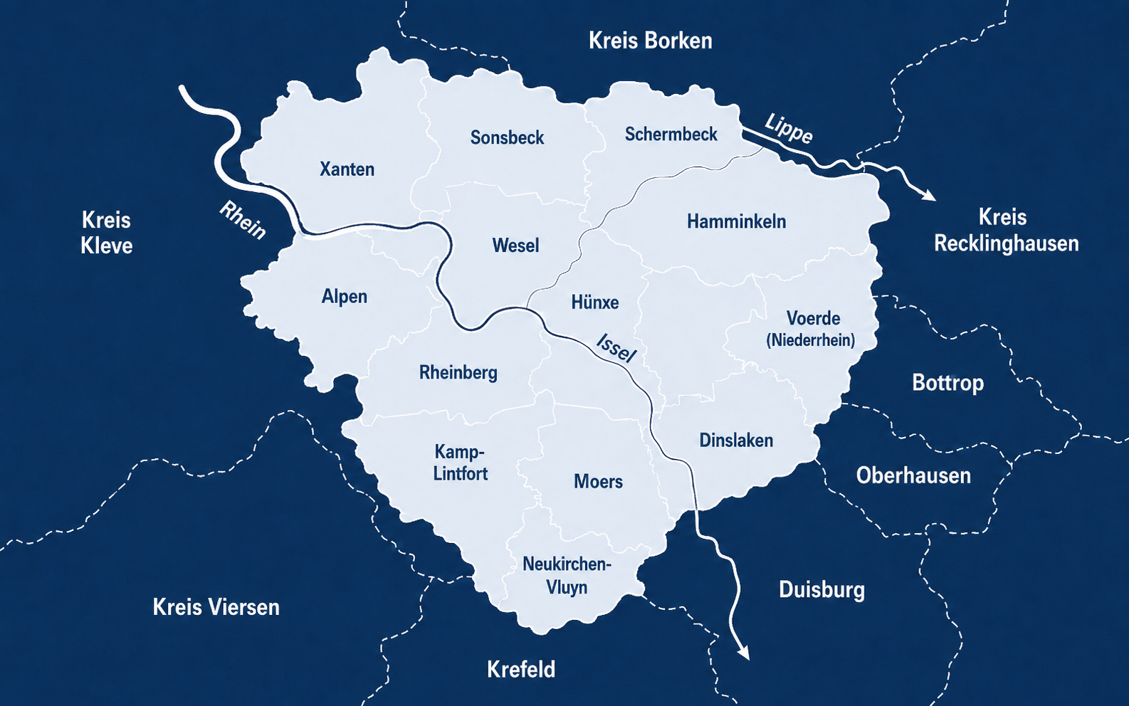 Karte des Kreises Wesel mit den Städten und Gemeinden Xanten, Sonsbeck, Schermbeck, Hamminkeln, Wesel, Alpen, Hünxe, Voerde, Rheinberg, Kamp-Lintfort, Moers, Neukirchen-Vluyn und Dinslaken sowie den Flüssen Rhein, Lippe und Issel.