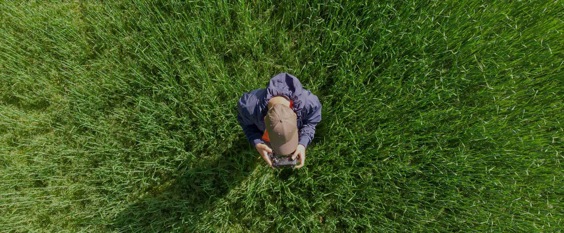 Drohnenpilot auf einer Wiese